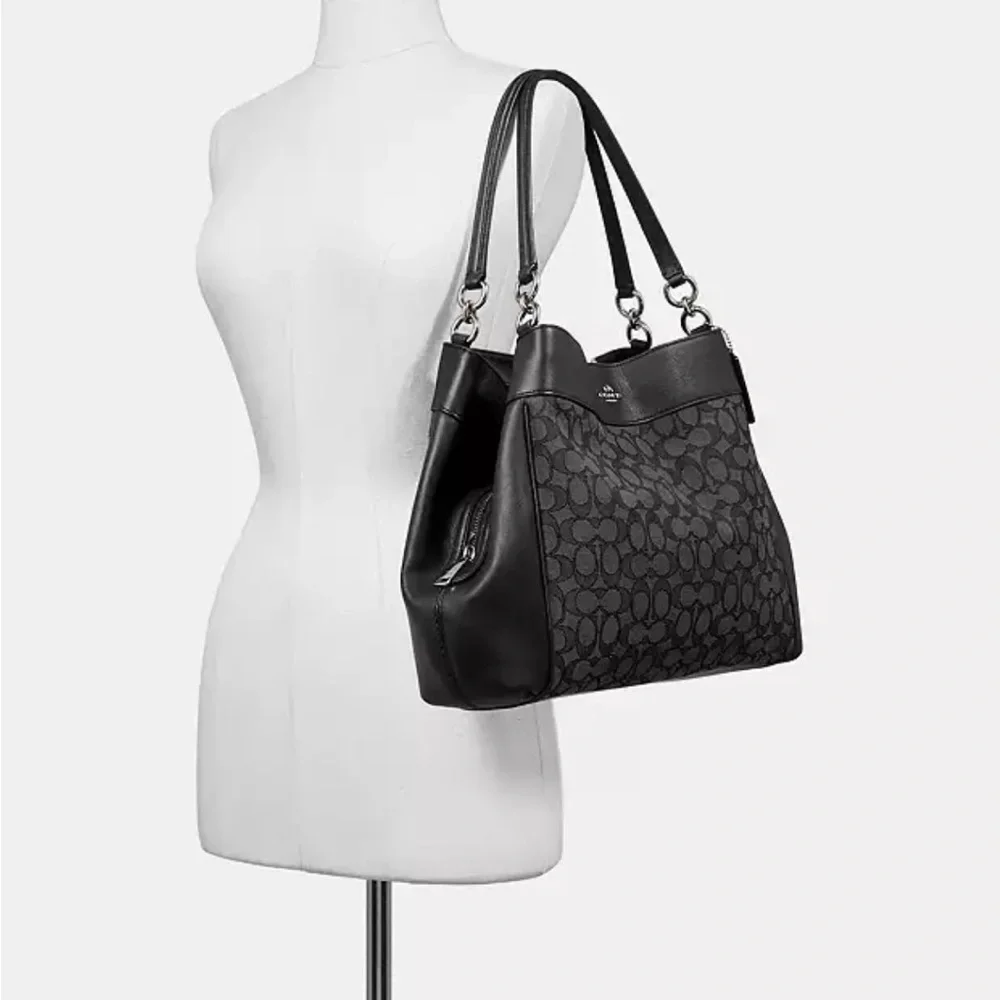 Coach Lexy Shoulder Bag in Signature Jacquard Black Logo Print and Leather